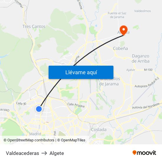 Valdeacederas to Algete map