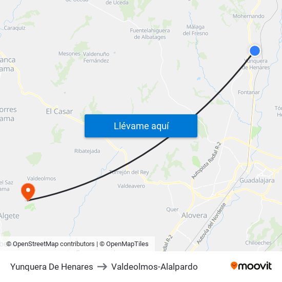 Yunquera De Henares to Valdeolmos-Alalpardo map