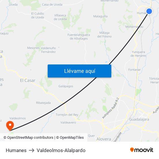 Humanes to Valdeolmos-Alalpardo map