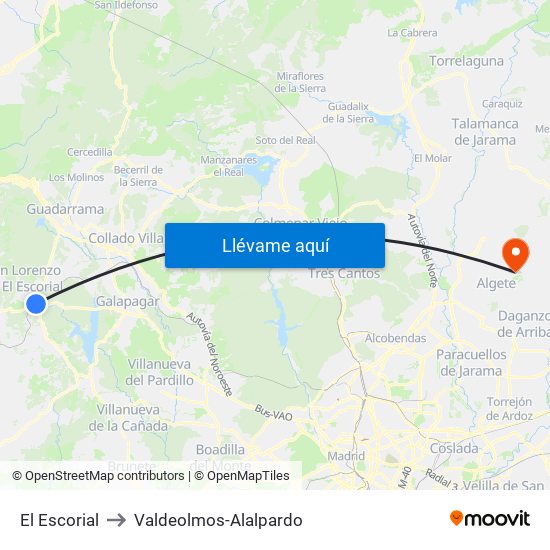 El Escorial to Valdeolmos-Alalpardo map