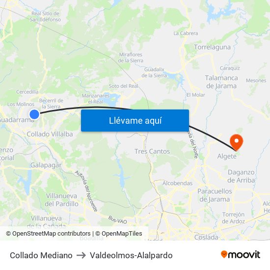 Collado Mediano to Valdeolmos-Alalpardo map