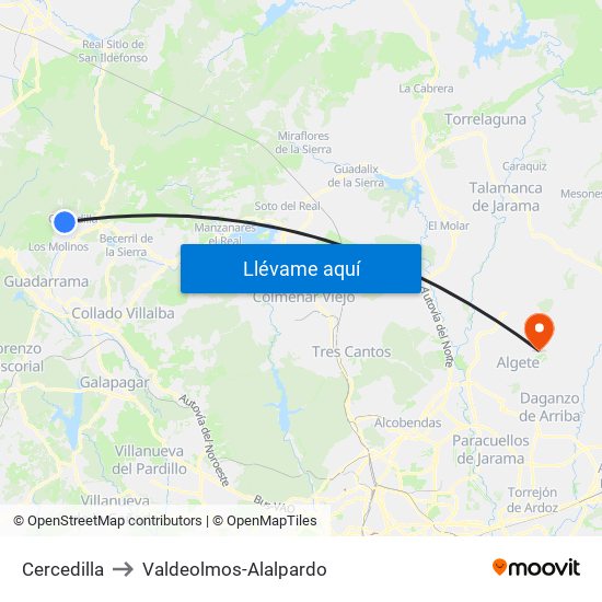 Cercedilla to Valdeolmos-Alalpardo map