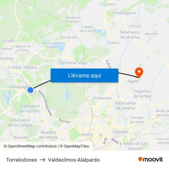 Torrelodones to Valdeolmos-Alalpardo map