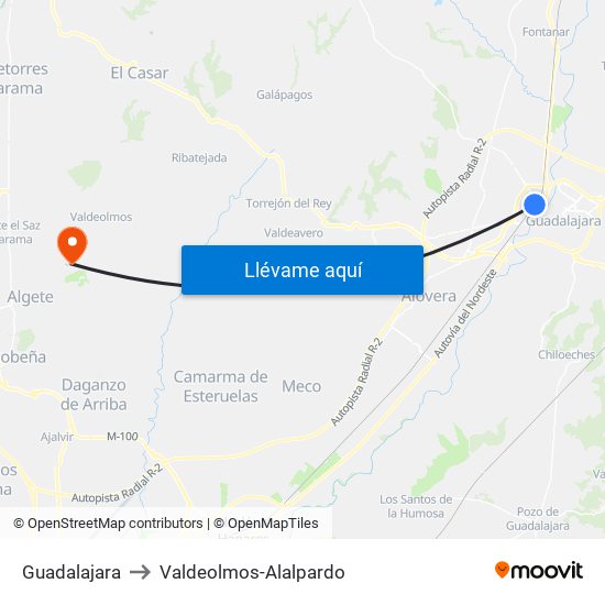 Guadalajara to Valdeolmos-Alalpardo map