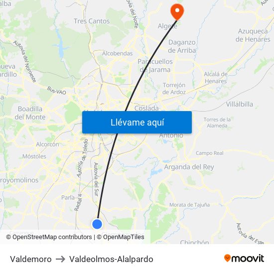 Valdemoro to Valdeolmos-Alalpardo map