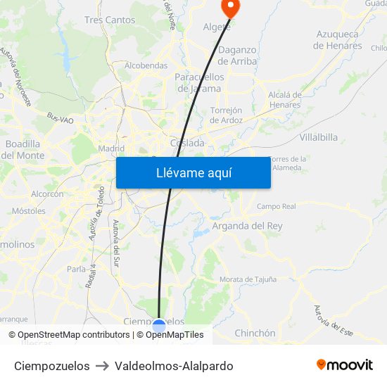 Ciempozuelos to Valdeolmos-Alalpardo map