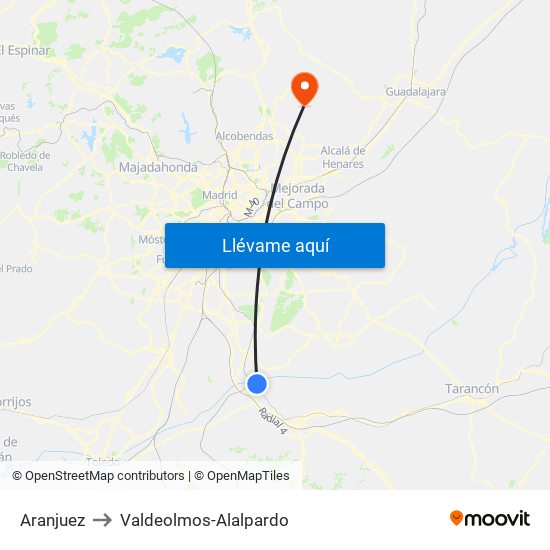 Aranjuez to Valdeolmos-Alalpardo map