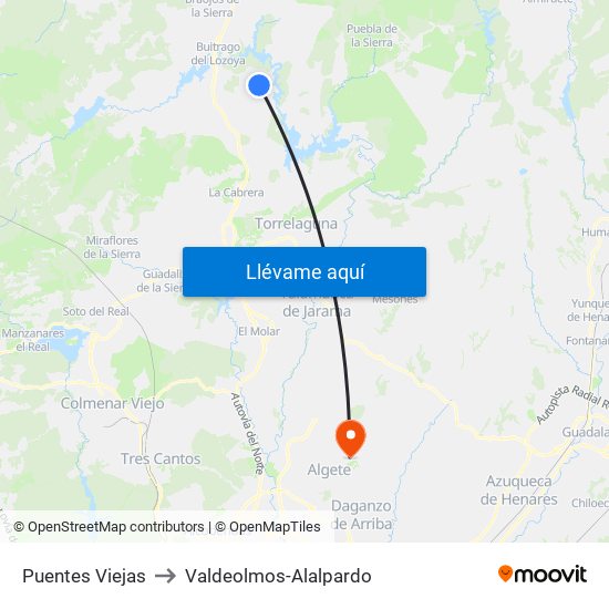 Puentes Viejas to Valdeolmos-Alalpardo map