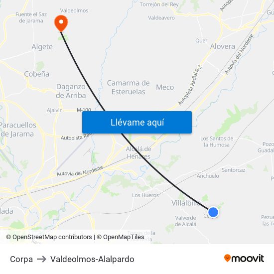 Corpa to Valdeolmos-Alalpardo map