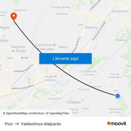 Pioz to Valdeolmos-Alalpardo map