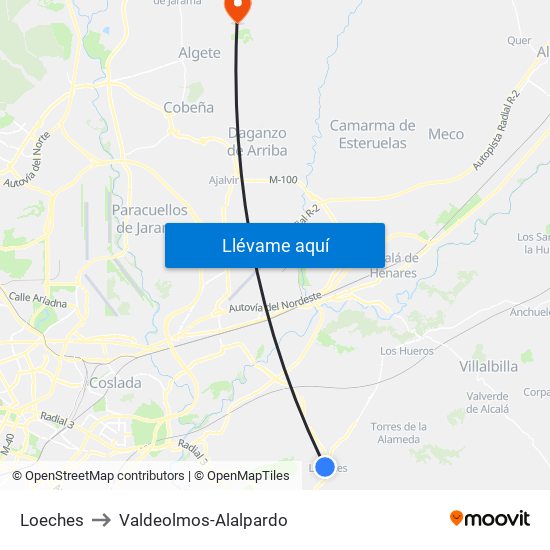 Loeches to Valdeolmos-Alalpardo map