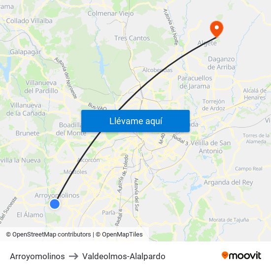 Arroyomolinos to Valdeolmos-Alalpardo map