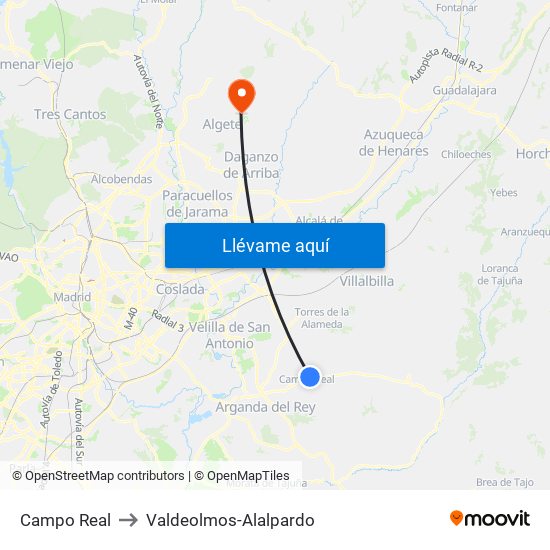 Campo Real to Valdeolmos-Alalpardo map