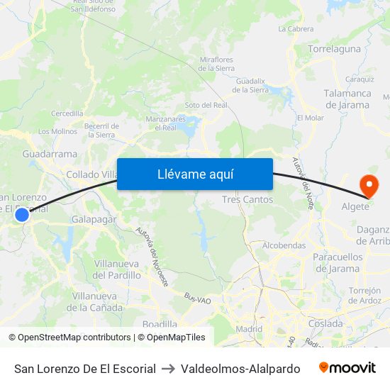 San Lorenzo De El Escorial to Valdeolmos-Alalpardo map