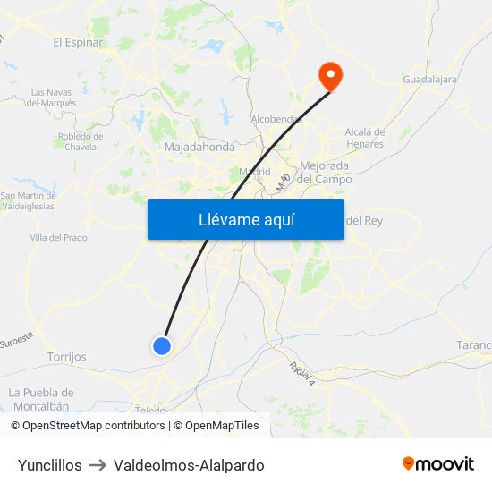 Yunclillos to Valdeolmos-Alalpardo map