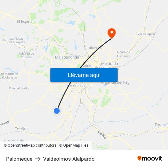 Palomeque to Valdeolmos-Alalpardo map