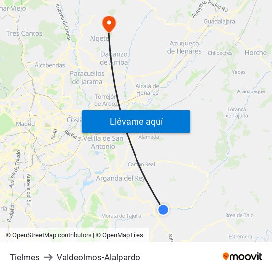 Tielmes to Valdeolmos-Alalpardo map