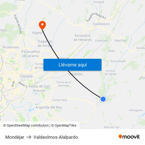 Mondéjar to Valdeolmos-Alalpardo map