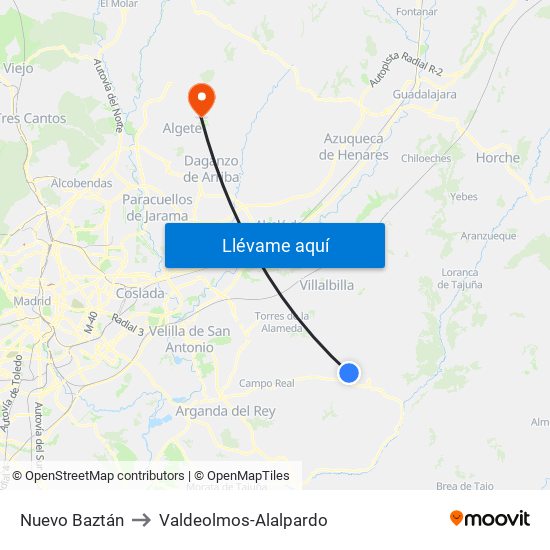 Nuevo Baztán to Valdeolmos-Alalpardo map