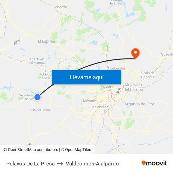 Pelayos De La Presa to Valdeolmos-Alalpardo map