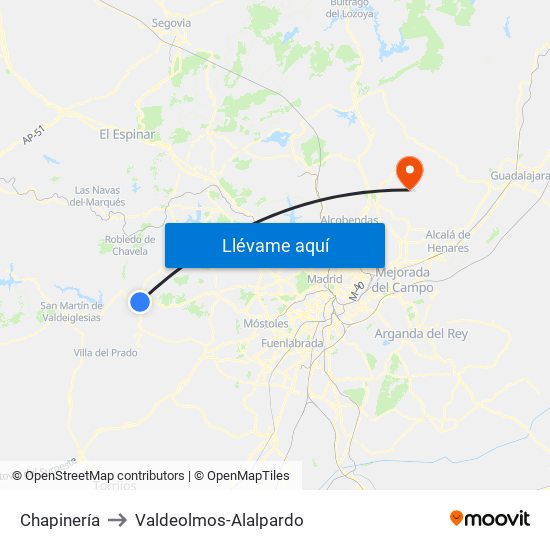 Chapinería to Valdeolmos-Alalpardo map