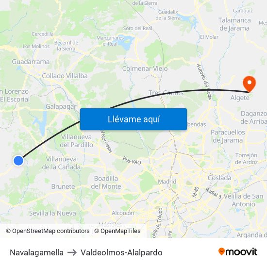 Navalagamella to Valdeolmos-Alalpardo map