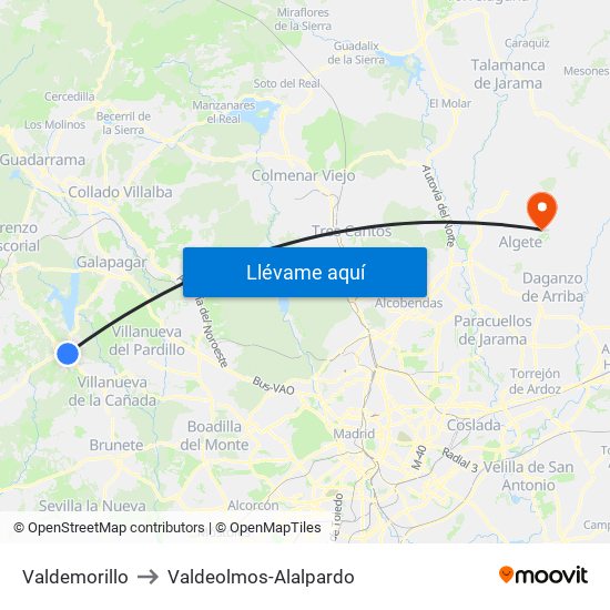 Valdemorillo to Valdeolmos-Alalpardo map