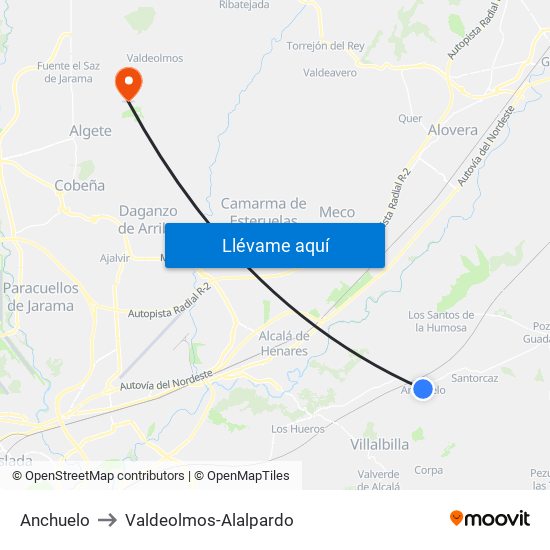 Anchuelo to Valdeolmos-Alalpardo map