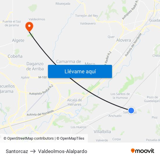 Santorcaz to Valdeolmos-Alalpardo map
