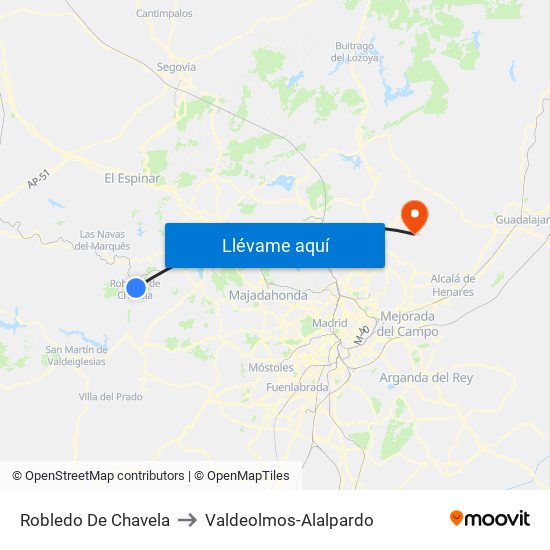 Robledo De Chavela to Valdeolmos-Alalpardo map