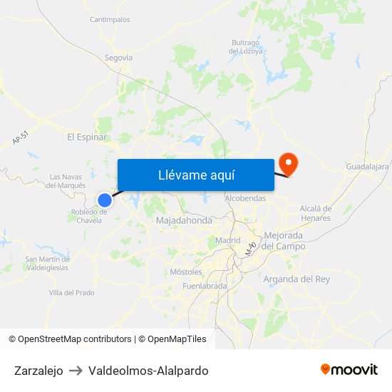 Zarzalejo to Valdeolmos-Alalpardo map