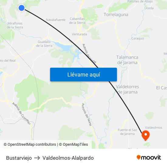 Bustarviejo to Valdeolmos-Alalpardo map