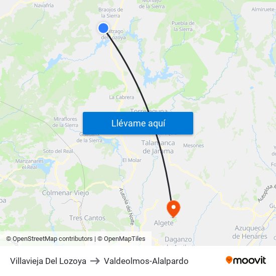 Villavieja Del Lozoya to Valdeolmos-Alalpardo map
