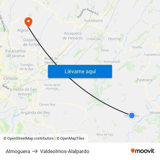 Almoguera to Valdeolmos-Alalpardo map