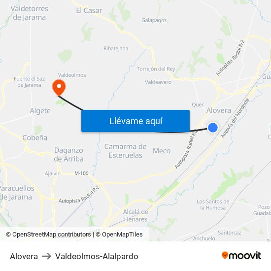 Alovera to Valdeolmos-Alalpardo map