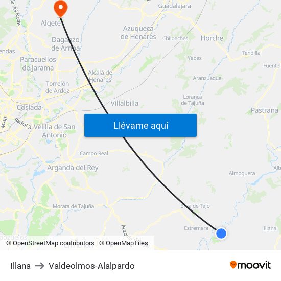 Illana to Valdeolmos-Alalpardo map