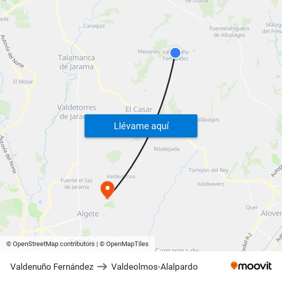 Valdenuño Fernández to Valdeolmos-Alalpardo map