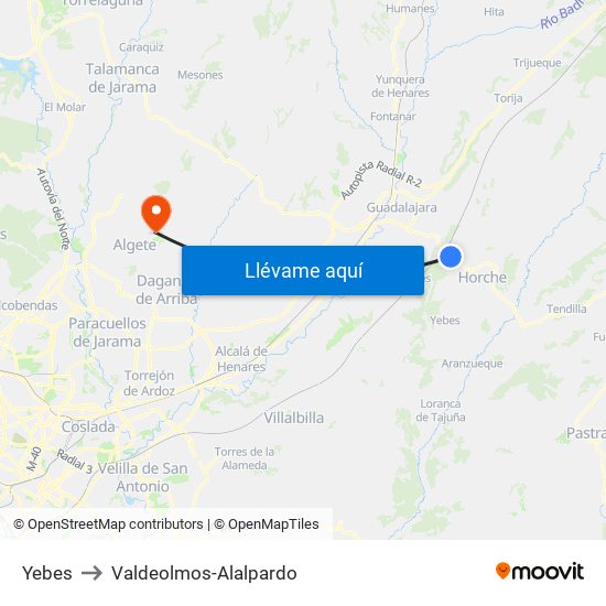 Yebes to Valdeolmos-Alalpardo map