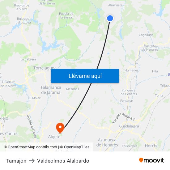 Tamajón to Valdeolmos-Alalpardo map