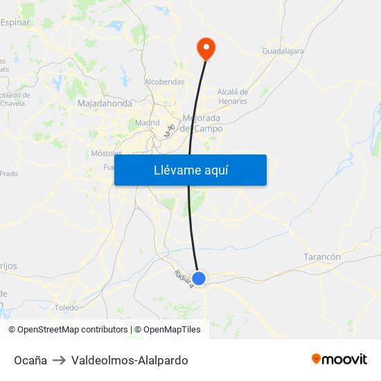 Ocaña to Valdeolmos-Alalpardo map