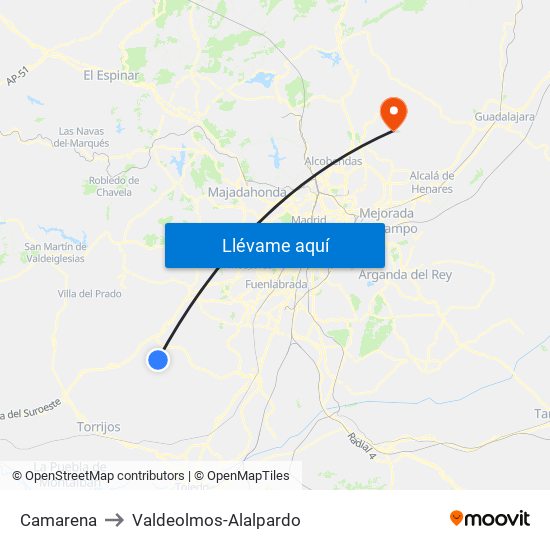 Camarena to Valdeolmos-Alalpardo map