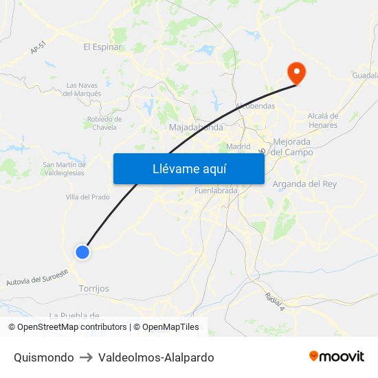 Quismondo to Valdeolmos-Alalpardo map