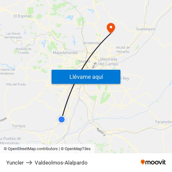 Yuncler to Valdeolmos-Alalpardo map