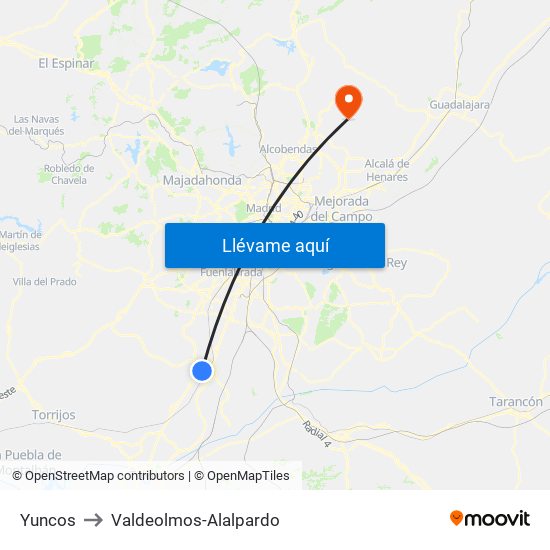 Yuncos to Valdeolmos-Alalpardo map