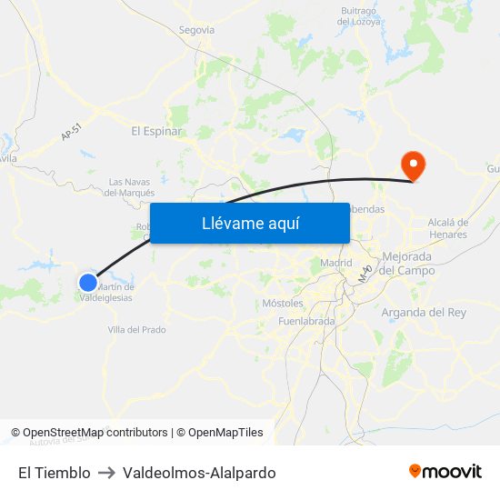 El Tiemblo to Valdeolmos-Alalpardo map