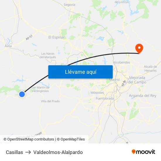 Casillas to Valdeolmos-Alalpardo map