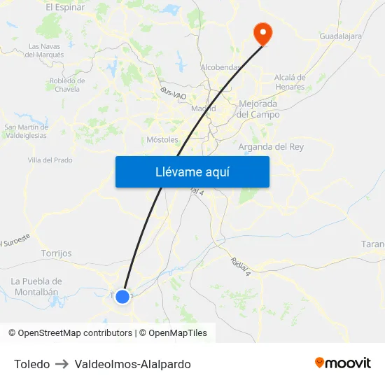 Toledo to Valdeolmos-Alalpardo map
