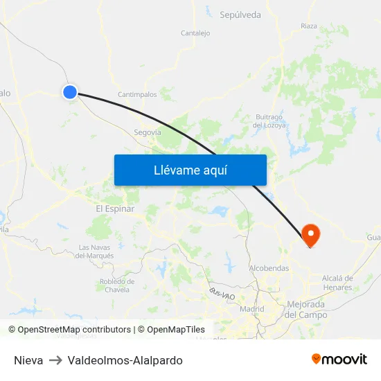 Nieva to Valdeolmos-Alalpardo map