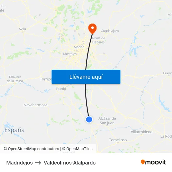 Madridejos to Valdeolmos-Alalpardo map