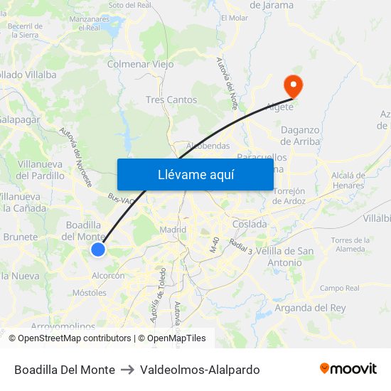 Boadilla Del Monte to Valdeolmos-Alalpardo map